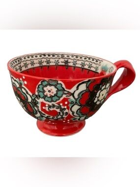 Anthropologie Elka Twisted Handle Red Floral Footed Coffee Tea Pedestal Mug Cup